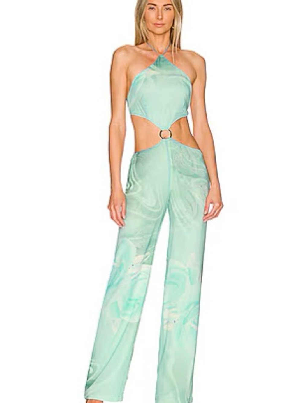 Kim Shui Mint Green Cutout Halter Ring Jumpsuit